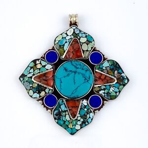 Vintage Tibetan Sterling Silver 925 Blue Red Inlay 33.5 Gram Pave Stone Pendant